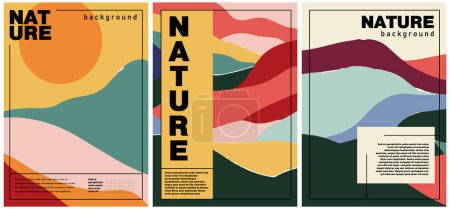 Eine Reihe von Vektorplakaten, die von der Natur inspiriert sind und abstrakte Landschaften mit stilisierten Textüberlagerungen zeigen, ideal für den didaktischen oder dekorativen Einsatz.