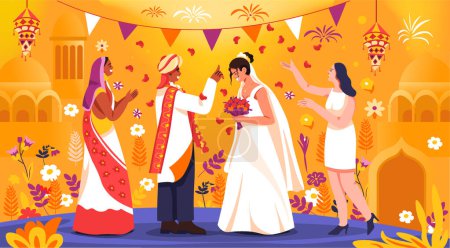 Colorful vector illustration depicting a multicultural wedding scene with diverse couples in traditional attire, set against a floral background. Suitable for wedding invitations or cultural events.
