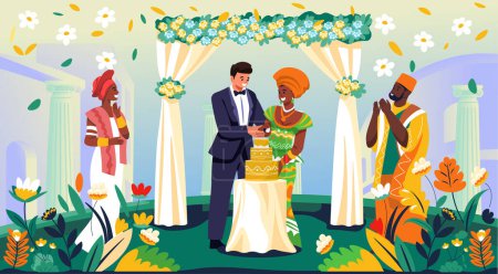 Colorful vector illustration depicting a multicultural wedding scene with diverse couples in traditional attire, set against a floral background. Suitable for wedding invitations or cultural events.