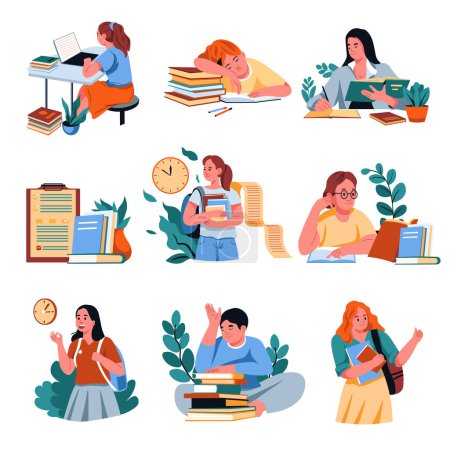 Collection of vector icons depicting students and teachers in a modern flat style. Vector illustrations isolated on a white background. Suitable for educational and school-related themes.