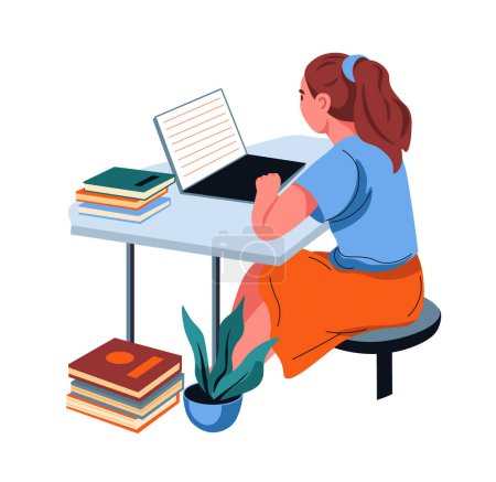 Detaillierte Vektorillustration einer Studentin, die an einem Computertisch arbeitet, flaches Design, ideal für pädagogische und technologische Themen.