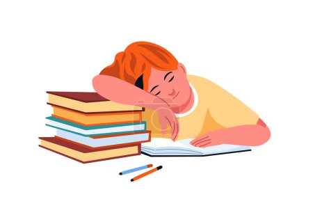 Illustration vectorielle colorée d'un jeune étudiant endormi sur une pile de livres, réalisés dans un style plat vibrant, parfait pour le matériel éducatif.