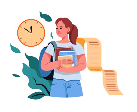 Vektor-Illustration einer Studentin, die Bücher neben einer riesigen Uhr hält, in flachem Design, ideal für Themen des Zeitmanagements in der Bildung.