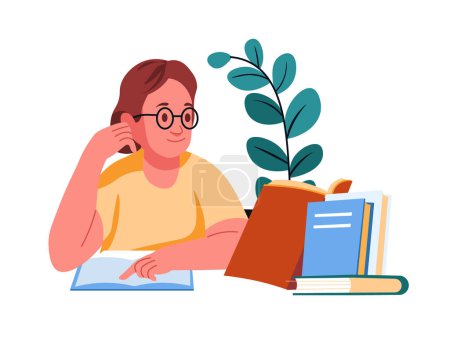 Illustration vectorielle d'un jeune homme étudiant à un bureau avec des livres, réalisée en style flat design, parfaite pour des thèmes éducatifs.
