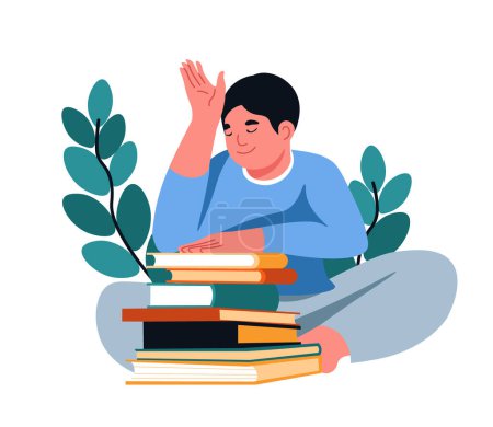 Ilustración vectorial que representa a un joven estudiante masculino estudiando sobre una pila de libros, diseñados en un estilo plano contemporáneo, rodeados de vegetación, perfectos para temas educativos y de lectura al aire libre..