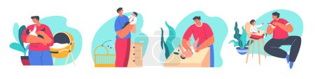 Ilustración que muestra a un padre cuidando a un bebé recién nacido. Ilustración vectorial con elementos de diseño moderno. Aislado sobre fondo blanco.