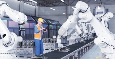 Smart Factory Concept. Automated Manufacturing Technology. 3D illustration