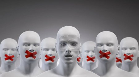 Männer mit abgedichtetem Mund auf Klebeband. Konzept der Meinungsfreiheit. 3D-Illustration