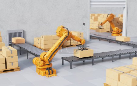 Photo for Robotic Palletising and Packaging Concept. Industrial Background. 3D illustration - Royalty Free Image
