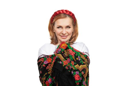 Photo for Beautiful Ukrainian woman in national costume. Attractive Ukrainian woman wearing in traditional Ukrainian embroidery, isolated at white background. - Royalty Free Image