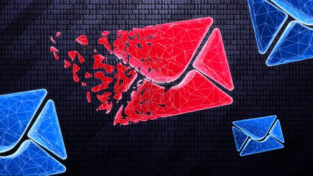 Foto de El icono de correo electrónico rojo infectado se detecta durante la exploración en el fondo oscuro de alta tecnología en el ciberespacio binario. Ilustración 3D. - Imagen libre de derechos