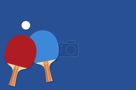 Ilustración de Dos raquetas y una pelota para tenis de mesa o ping-pong sobre fondo azul - Imagen libre de derechos