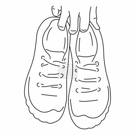 Illustration for Hand holds a pair of sports sneakers shoes, outline, object, vector. - Royalty Free Image