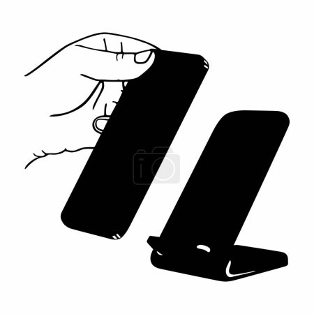 Ilustración de Mano pone el teléfono inteligente en el soporte de carga - Imagen libre de derechos
