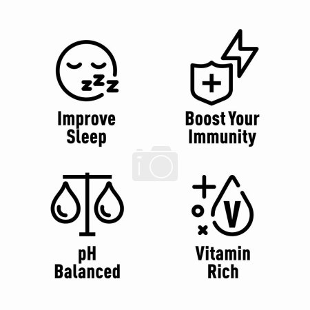 Téléchargez les illustrations : Améliorez le sommeil, augmentez votre immunité, pH équilibré, signes d'information riches en vitamines - en licence libre de droit