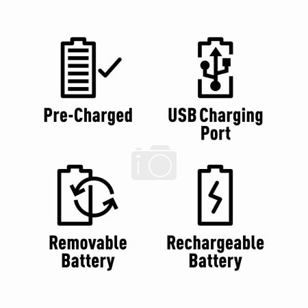 Illustration for Pre-Charged,  USB Charging Port, Removable Battery, Rechargeable Battery information signs - Royalty Free Image