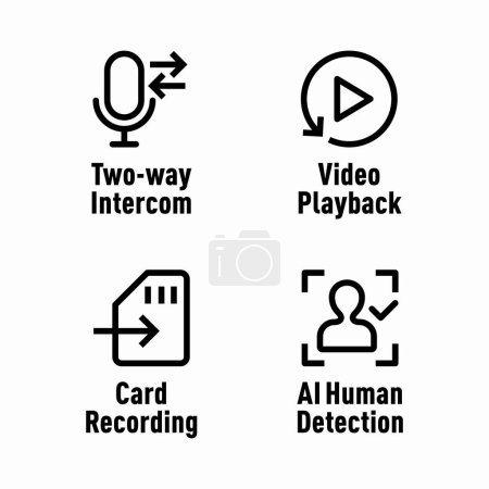 Téléchargez les illustrations : Interphone bidirectionnel, lecture vidéo, enregistrement de carte, signes d'information de vecteur de détection humaine d'IA - en licence libre de droit