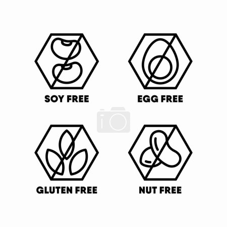 Illustration for Soy Free, Egg Free, Gluten Free, Nut Free vector information signs - Royalty Free Image