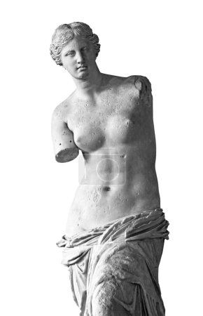 Venus de Milo antike griechische Skulptur in Großaufnahme isoliert auf weißem Hintergrund, Schwarz-Weiß Vorderseite Bild
