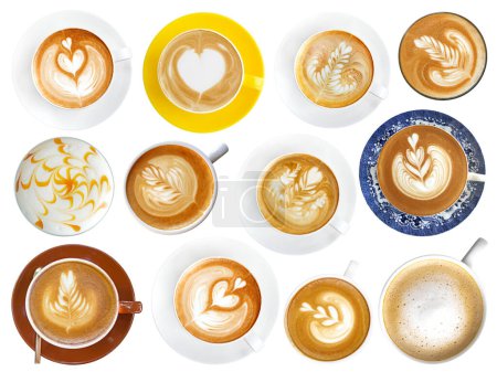 Foto de Café café latte taza surtido con espuma arte aislado, vista superior cappuccino menú colección sobre fondo blanco - Imagen libre de derechos