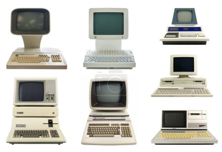 Photo for Vilnius, Lithuania - 24 November 2022: Set of vintage desktop computers from the eighties isolated on white background. Retro PC collection front view - Royalty Free Image