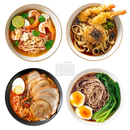 Photo for Collection of Japanese noodle ramen bowls, top view asian food set isolated - Royalty Free Image