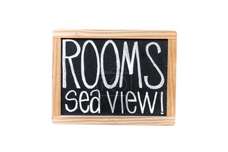 Photo for Hotel rooms available sea view chalkboard sign isolated, hostpitality business object - Royalty Free Image