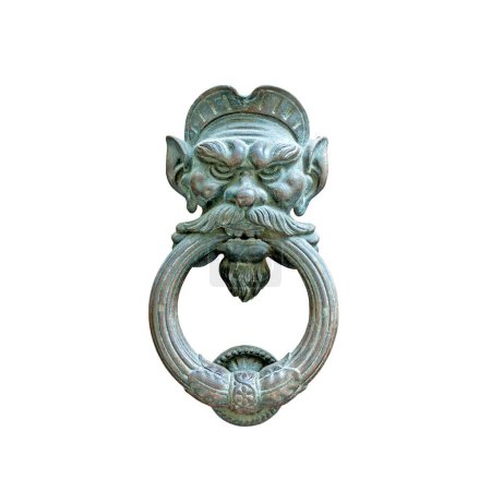 Foto de Ancient lion head doorknob isolated on white background, front view old bronze knocker - Imagen libre de derechos