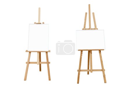 Foto de Blank art boards and wooden easels to add paintings or pictures isolated on white background - Imagen libre de derechos