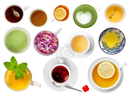 Foto de Tea cup assortment isolated, top view tea menu set on white background - Imagen libre de derechos