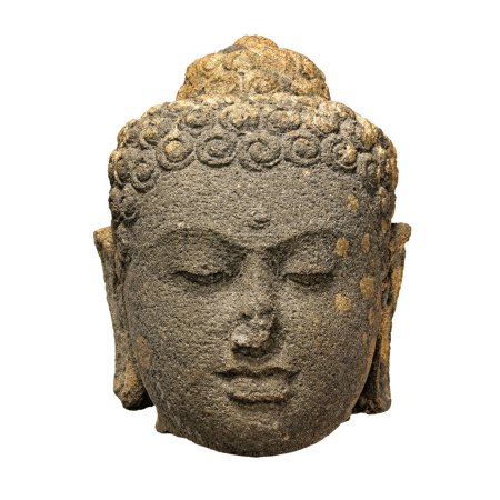Téléchargez les photos : Stone Buddha head isolated on white background, front view color picture - en image libre de droit