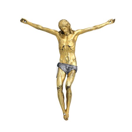 Foto de Jesus Christ corpus from a crucifix isolated on white background, front view color picture - Imagen libre de derechos