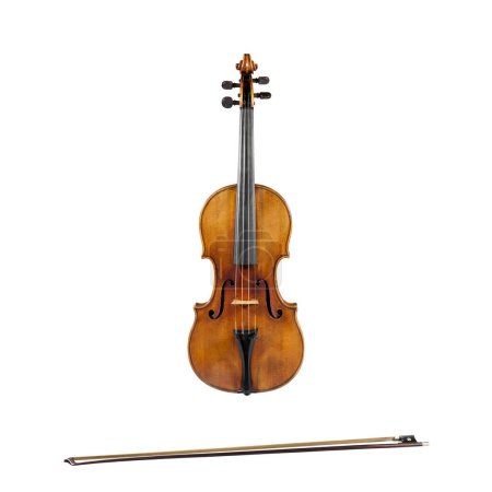 Téléchargez les photos : Violin with bow isolated on white background, musical instrument front view - en image libre de droit