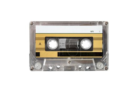 Foto de Close up of real vintage music audio tape cassette isolated on white background, front view closeup picture - Imagen libre de derechos