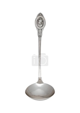 Photo for Ancient silver soup ladle isolated on white background, vintage kitchenware cutout - Royalty Free Image