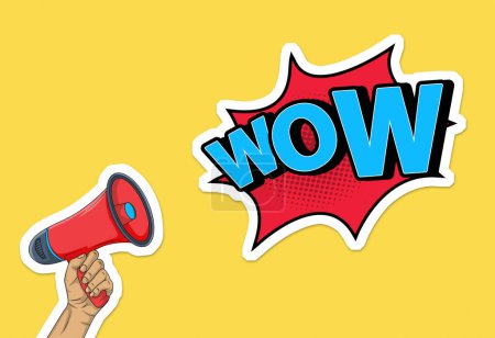Photo for Hand holding megaphone and comic lettering wow. Cartoon illustration in retro pop art and collage styl - Royalty Free Image