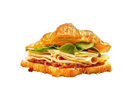 Foto de Sandwich de croissant fresco con queso y hojas de ensalada aisladas sobre fondo blanco, corte de primer plano con vista frontal - Imagen libre de derechos