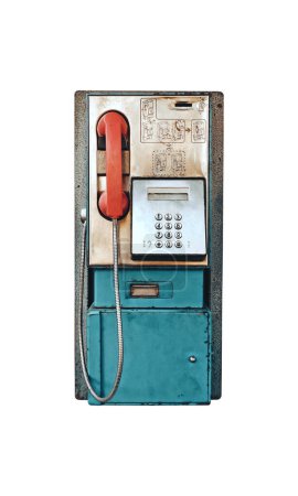 Foto de Antigua moneda vintage operado teléfono público aislado sobre fondo blanco, vista frontal teléfono retro - Imagen libre de derechos