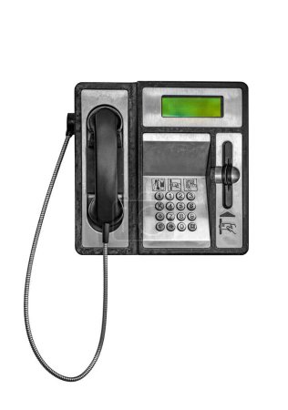 Foto de Antiguo teléfono público retro aislado sobre fondo blanco, vista frontal teléfono vintage - Imagen libre de derechos