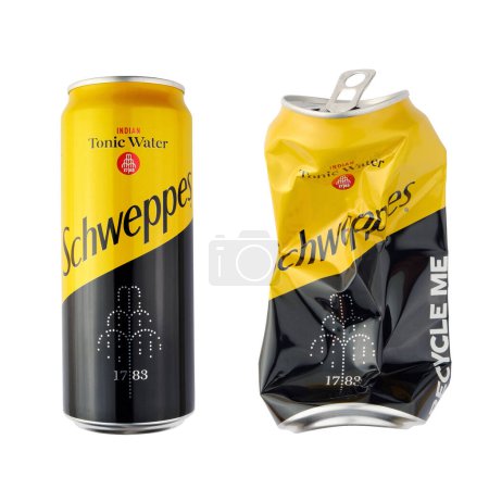 Foto de Vilnius, Lituania - 10 diciembre, 2023: Schweppes tonic water can new and crushed isolated on white background, soda can close up - Imagen libre de derechos