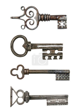 Foto de Antigua colección de llaves metálicas antiguas, llaves medievales aisladas - Imagen libre de derechos