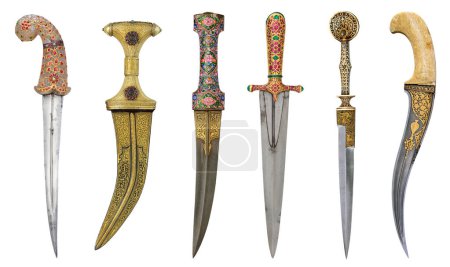 Photo for Ancient ornate dagger set isolated on white background, front view sword weapons - Royalty Free Image