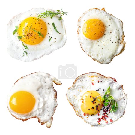 Photo for Fried egg collection isolated, table top view breakfast food - Royalty Free Image