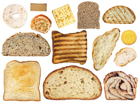 Photo for Sliced bread collection isolated on white background, various bread slices viewed from above, top view closeup food - Royalty Free Image