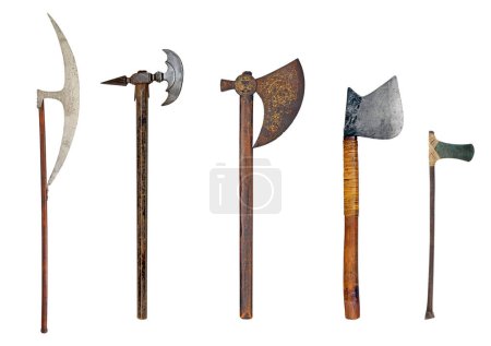 Photo for Old ancient axe set, battle axes, isolated on white background - Royalty Free Image