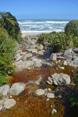 Téléchargez les photos : Ruisseau Brown, causé par le lessivage naturel de plantes de Nothofagus, à Scotts Beach, Heaphy Track, Karamea, Nouvelle-Zélande - en image libre de droit