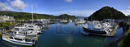 Photo for Picton, New Zealand - November 18, 2023; Picton Marina, Boats & Town Panorama. Early Morning in Spring, Marlborough Sounds, New Zealand. - Royalty Free Image