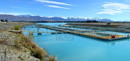 Téléchargez les photos : Vue panoramique d'une salmoniculture sur le lac Ruataniwha dans le centre d'Otago, en Nouvelle-Zélande et la couleur bleue étonnante des lacs du Sud. - en image libre de droit