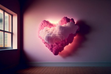 Foto de A pink cloud in the form of a heart inside a room. Valentine's Day. Lovers. Fluffy cumulus cloud looks like a heart Valentine's day symbol. - Imagen libre de derechos