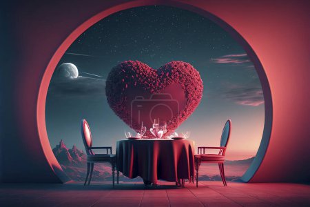 Foto de Romantic scene of a restaurant table with a heart behind it and a landscape in the background. - Imagen libre de derechos